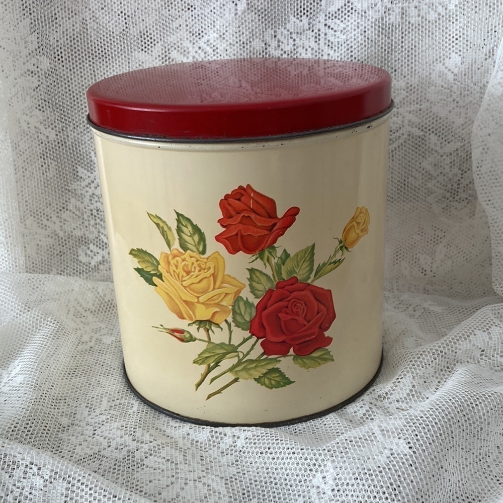 Vintage Canister Set 50’s Kitchen Canister Set of 4 Yellow and Red Rose. - Picture 6 of 16